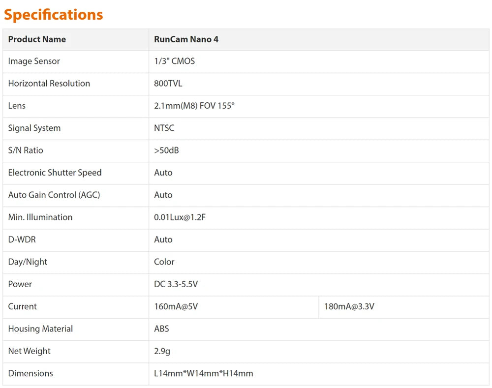 RunCam Nano 4 800TVL Night Vision FPV Camera For Drones