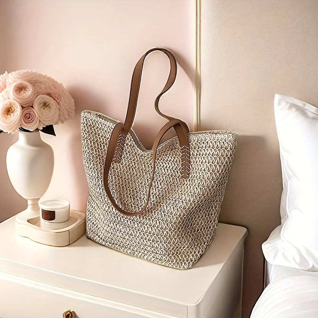 Beige Large Straw Bag with Brown Strap Fashion