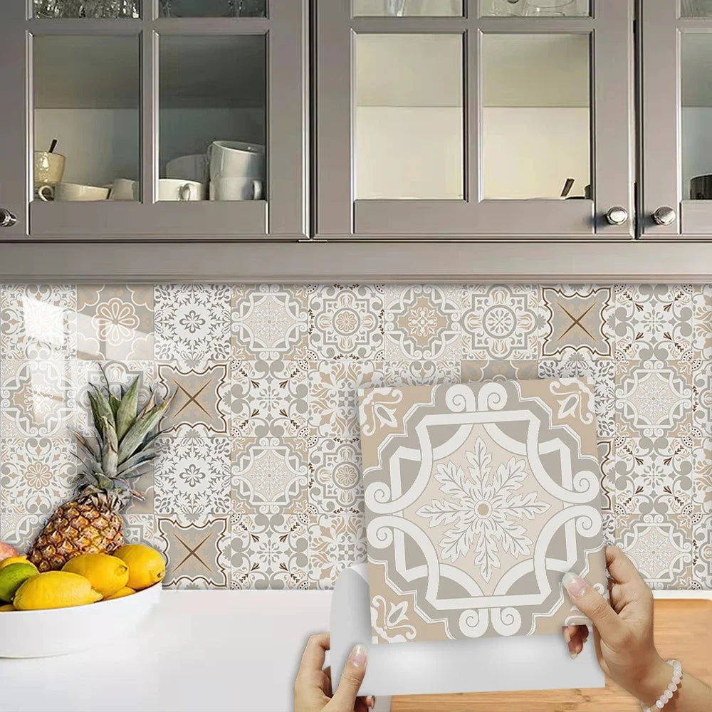 10pcs/set Portuguese Style Tiles Sticker Kitchen Backsplash Oil-proof Cupboard Washbasin Peel &amp; Stick Waterproof Art Wall Decals
