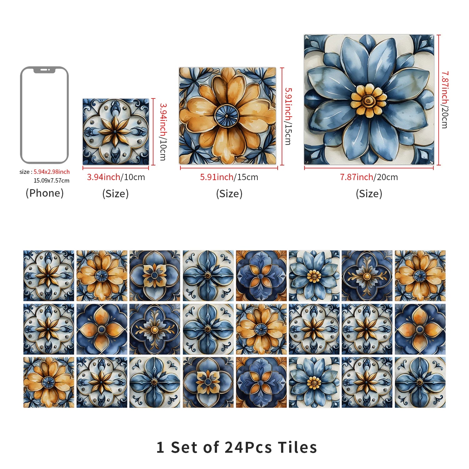24pcs/Set Self-Adhesive Waterproof Art Wall Stickers For Living Room, Kitchen Oil Resistant Tiles Stickers For Room Decor Decal