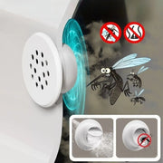 Thiết bị màu trắng phát sóng xanh, muỗi hoảng sợ, có biểu tượng cấm muỗi và hóa chất.