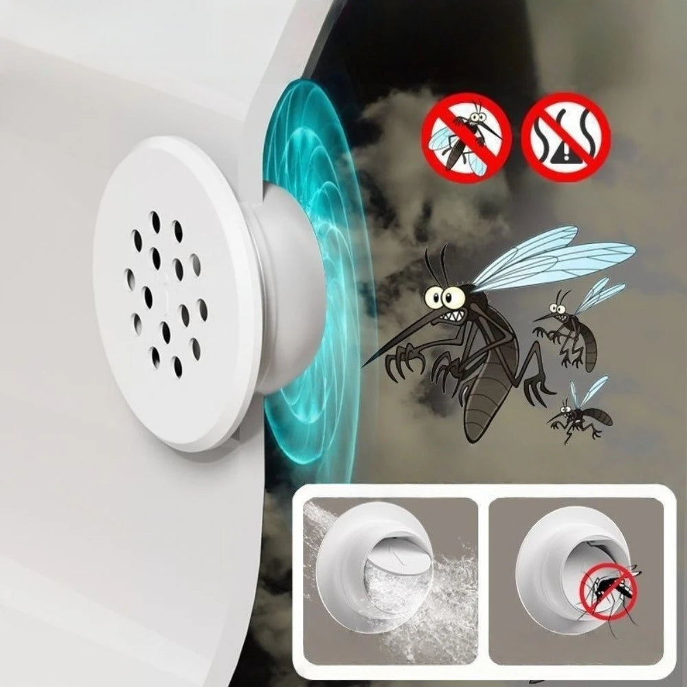 Thiết bị màu trắng phát sóng xanh, muỗi hoảng sợ, có biểu tượng cấm muỗi và hóa chất.