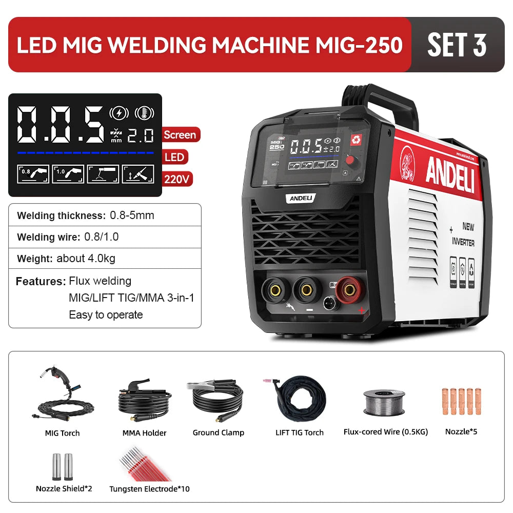 ANDELI MIG-250 MIG Welders MIG MMA Lift TIG 3 in 1 Inverter Semi-automatic Welding Machine With Flux Cored Wire Metal Welding - Daisan Mart