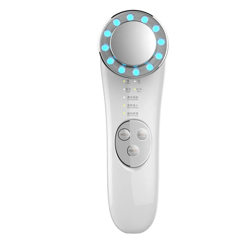 Thiết bị làm đẹp trắng với đèn LED xanh, có màn hình tròn và ba nút điều khiển.