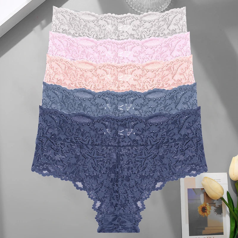 5PCS Women's Sexy Lace Star High Waist Thongs Solid Color Hollow Out Transparents Underwear Female Perspective G-strings S-XXL