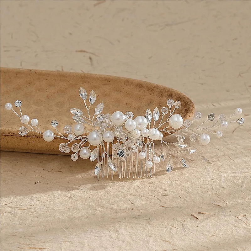 Luxurious Silver Gold Pearl Wedding Hair Comb with Rhinestones