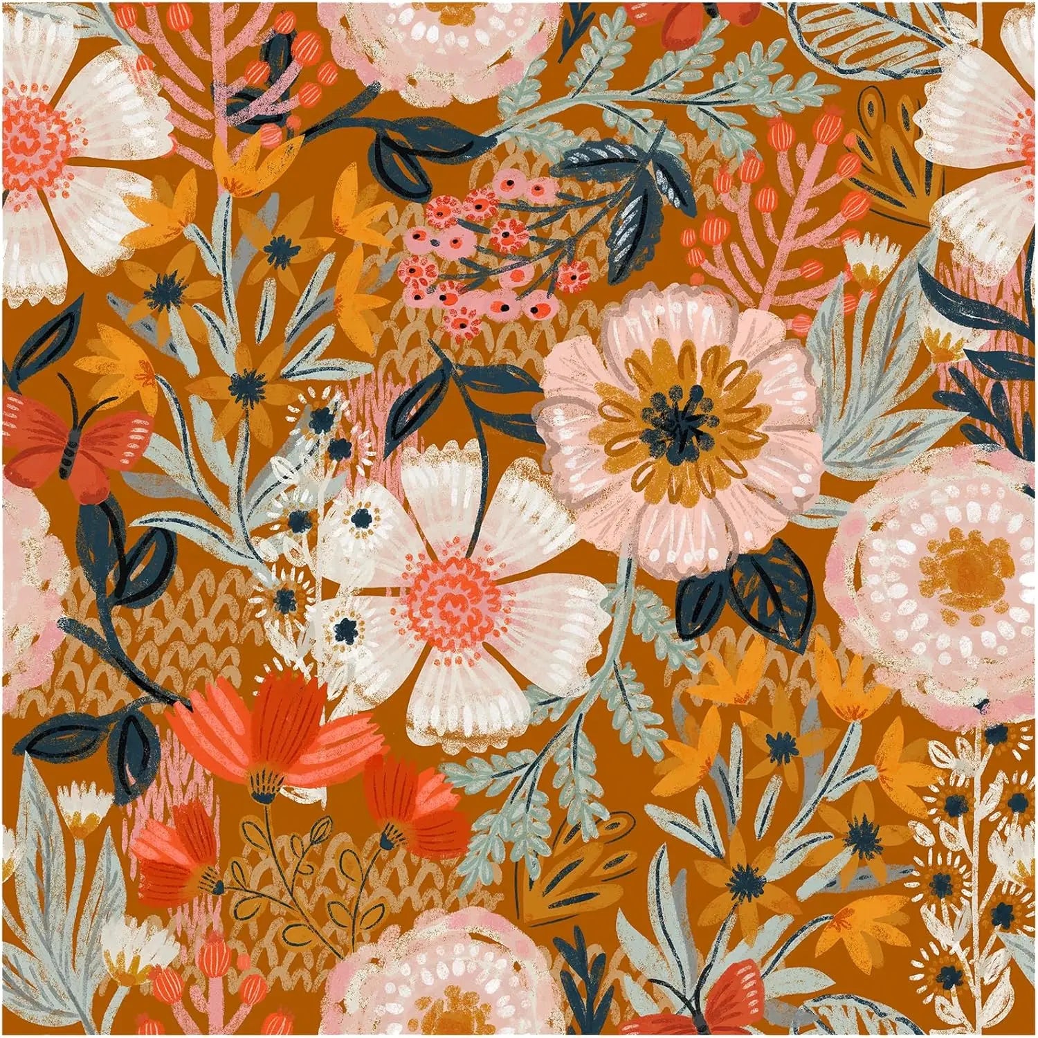 Boho wallpaper orange/pink flowers for bedroom 50cm