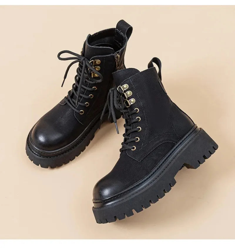 Women's Retro Genuine Leather Shoes - Stylish Rivet Short Boots