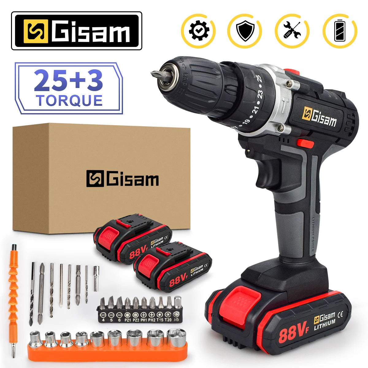 21V Cordless Drill Electric Impact Drill Rechargeable Electric Screwdriver Lithium-Ion Battery 2 Speed ​​DIY Driver Power Tools