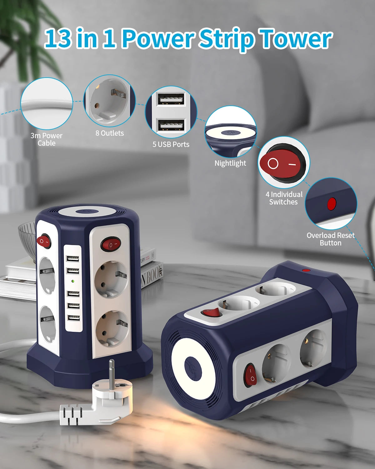 8-Pin, 5-USB Smart Outlet Tower for Home &amp; Office