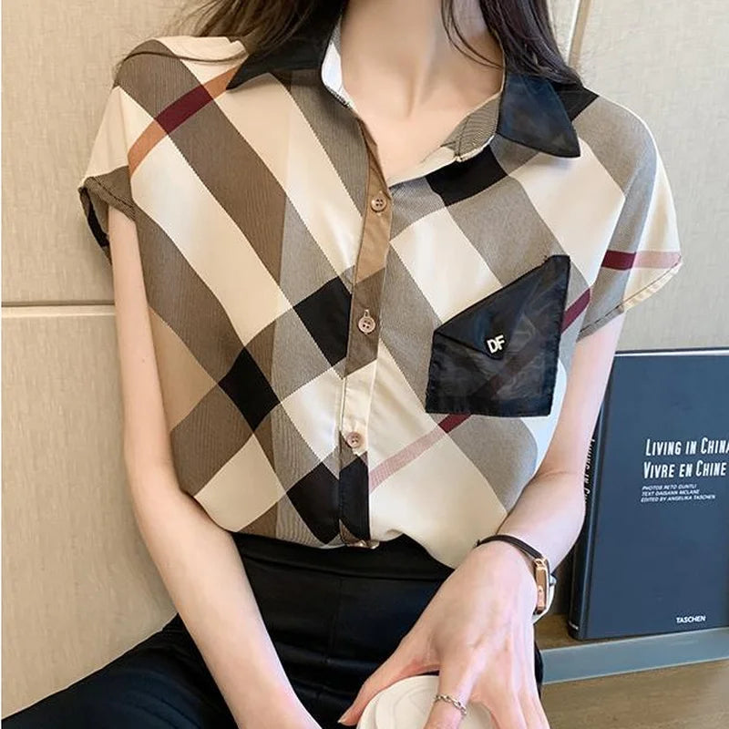 Office Wear Short Sleeve Chiffon Casual Pretty and Cheap Women's Blouses Korean Plaid Youth Woman Buttoned Shirts Trends Top Hot - Daisan Mart