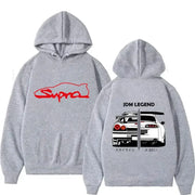 Áo hoodie xám, hình xe hơi đỏ ở trước, phía sau in xe hơi trắng và chữ "JDM LEGEND".