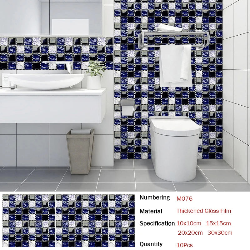 10pcs Flat Mosaic Style Tiles Sticker Kitchen Bathroom Waterproof &amp; Oilproof Art Wall Sticker Peel &amp; Stick Surface Glossy Film