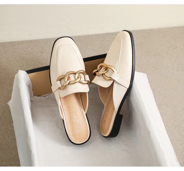 Women's Fashion Mules - Square Toe Black and White Chain