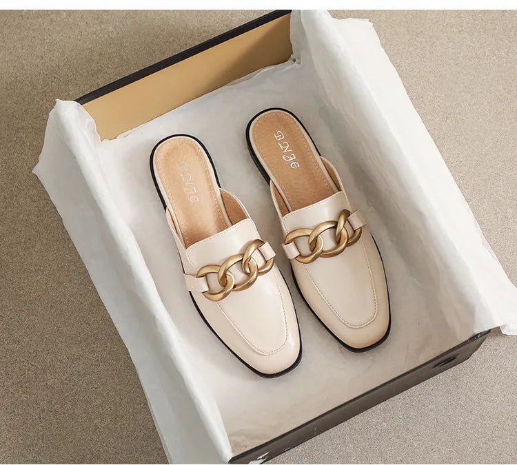 Women's Fashion Mules - Square Toe Black and White Chain