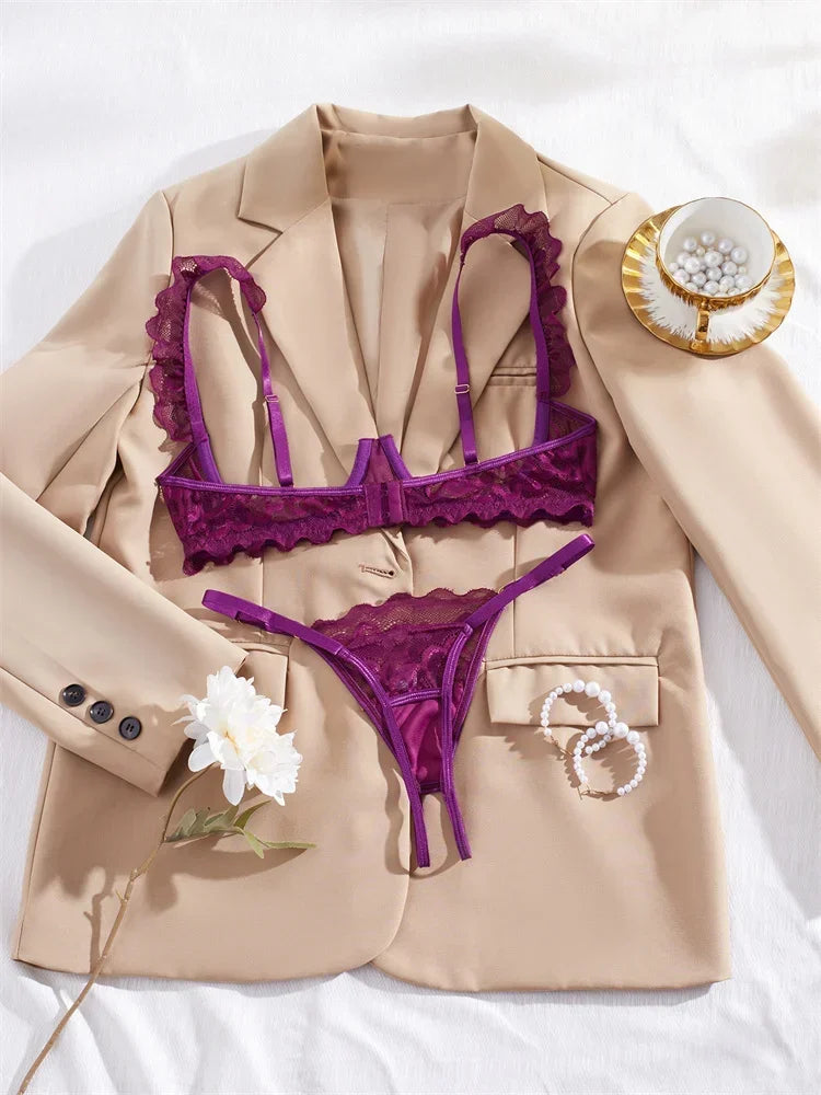 Women Lingerie Ultra Sexy Open Bra Thong Sets Delicate Lace Underwear Hollow Ultrathin Exotic Sets Crotchless Erotic Lingerie