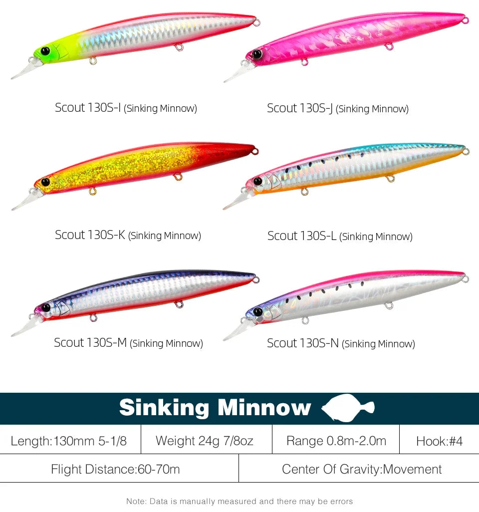 TSURINOYA 130S Sinking Minnow Fishing Lure SCOUT 130mm 24g Long Casting Seabass Flounder Artificial Large Sea Fishing Hard Baits