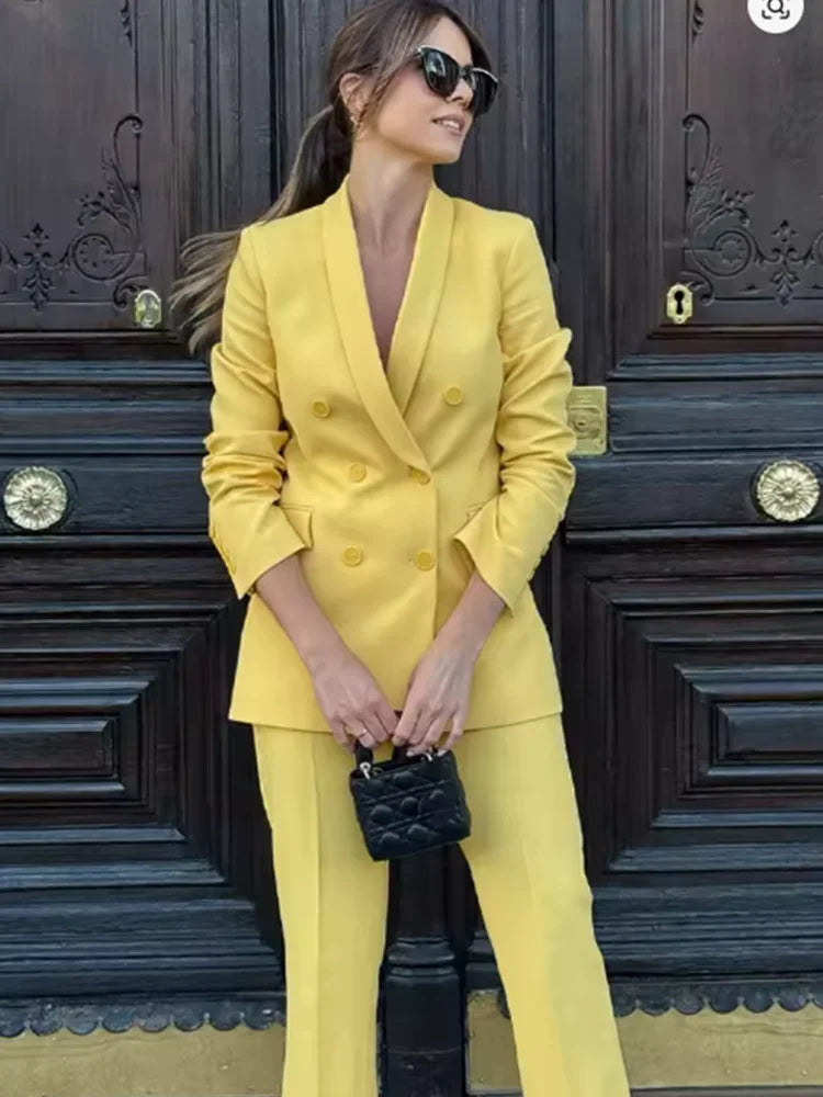 Office Lady Suits Two Piece Pant Set Turn-Down Collar Long Sleeve Double-Breasted Blazers+Mid Waist Zipper Flared Pants - Daisan Mart