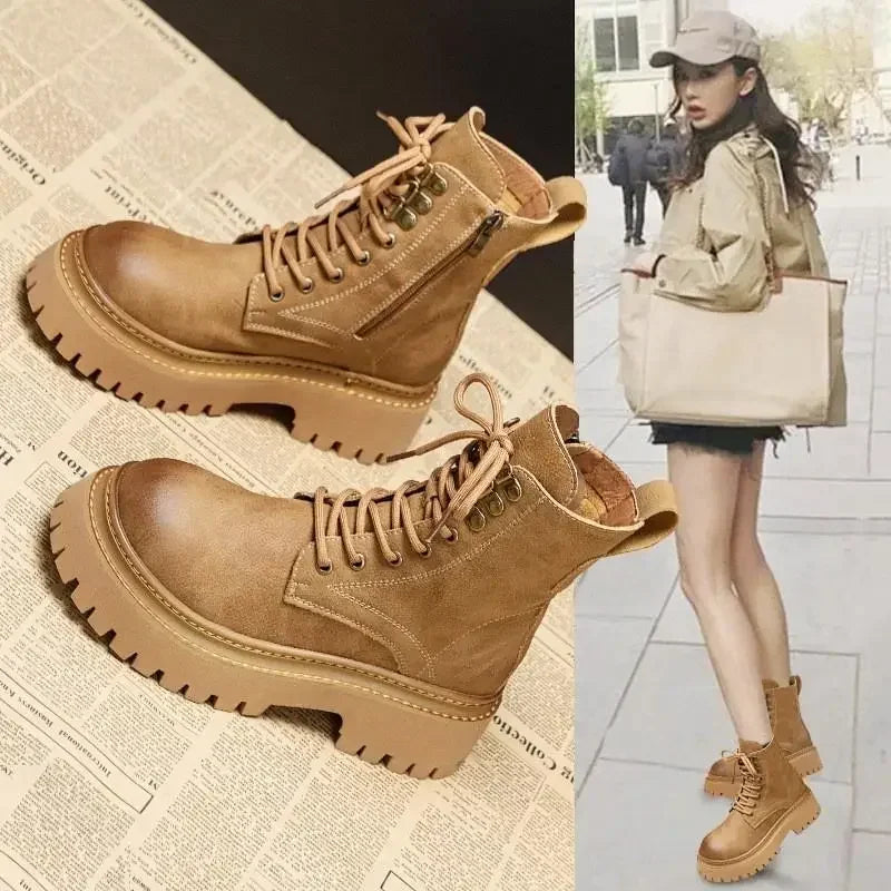 Women's Retro Genuine Leather Shoes - Stylish Rivet Short Boots