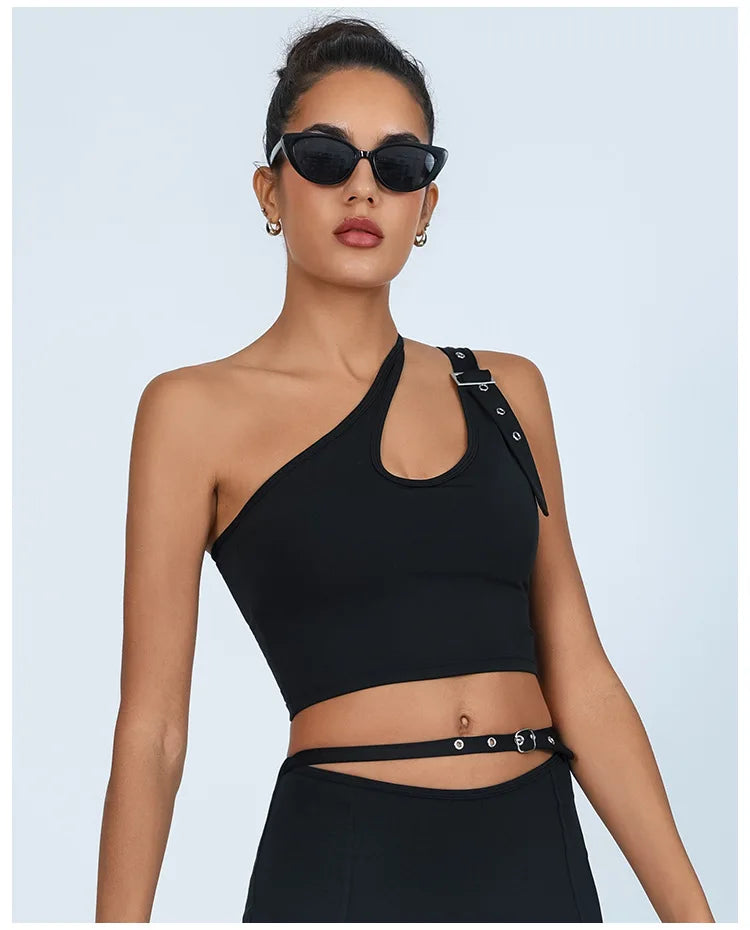 Yoga Tank Top with Built-in Bra Asymmetric Single Shoulder Quick-Dry Breathable High Elasticity Workout Gym Fitness Clothes - Daisan Mart