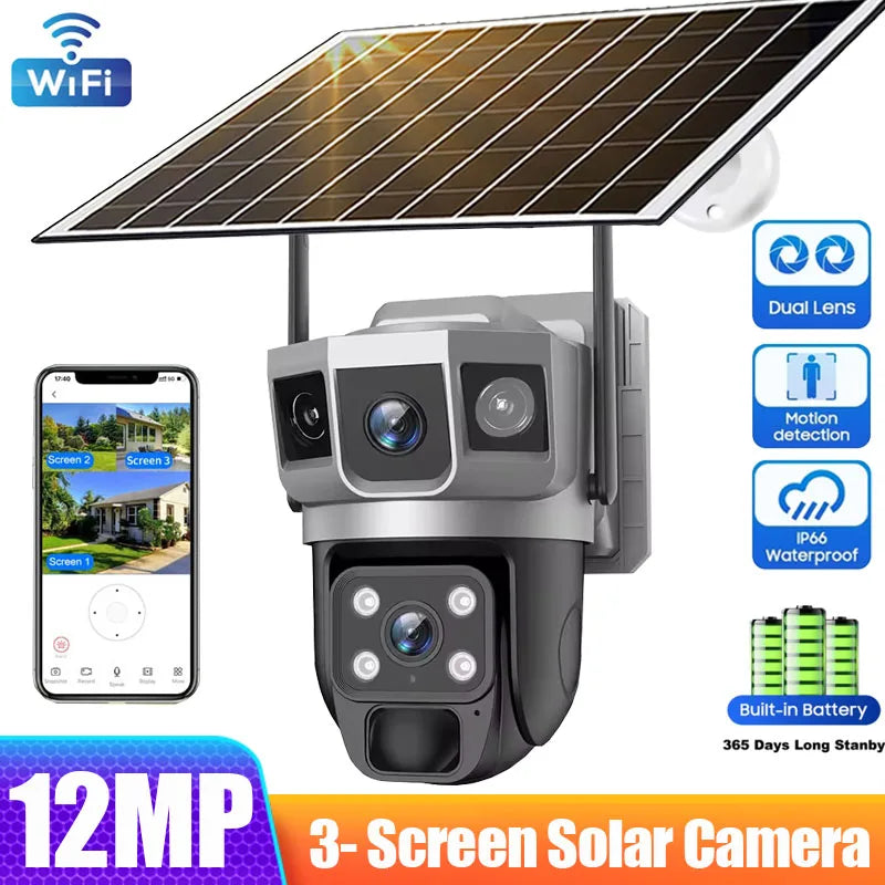 Solar PTZ Camera 12MP WiFi 10X Zoom - 3 Screens