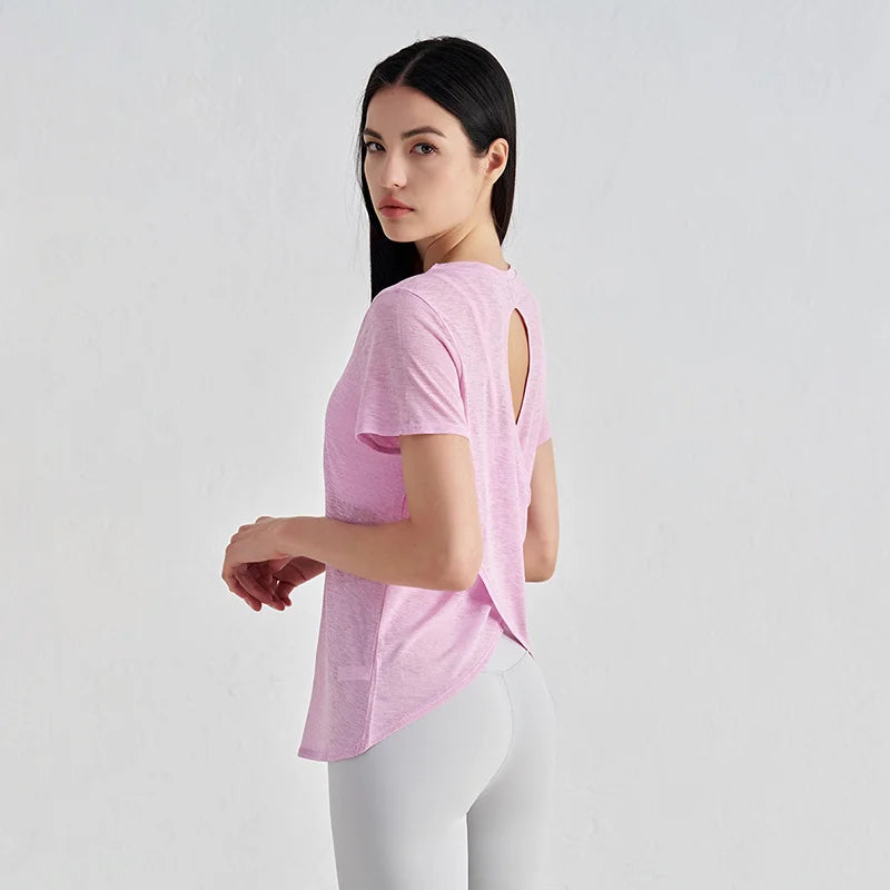 Áo Tập Gym Nữ Nylon Thoáng Mát Lưng Rỗng Ngắn Tay - Daisan Mart