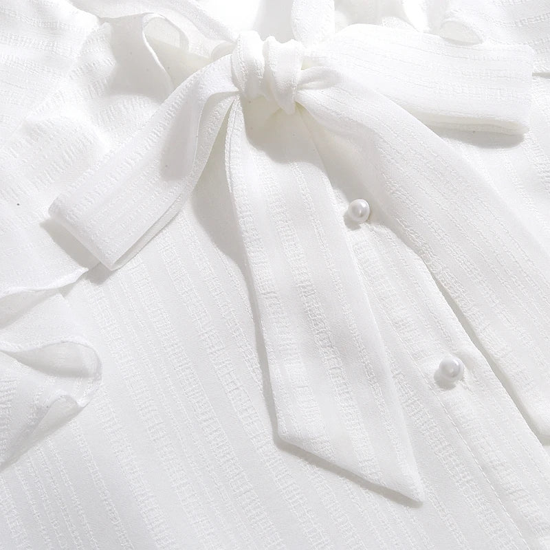 Women Shirt Blouse New Long Sleeve Bow Collar White Chiffon Shirt Blouse Women Tops Blouses Shirts Blusas Para Mujer 2025 Q614