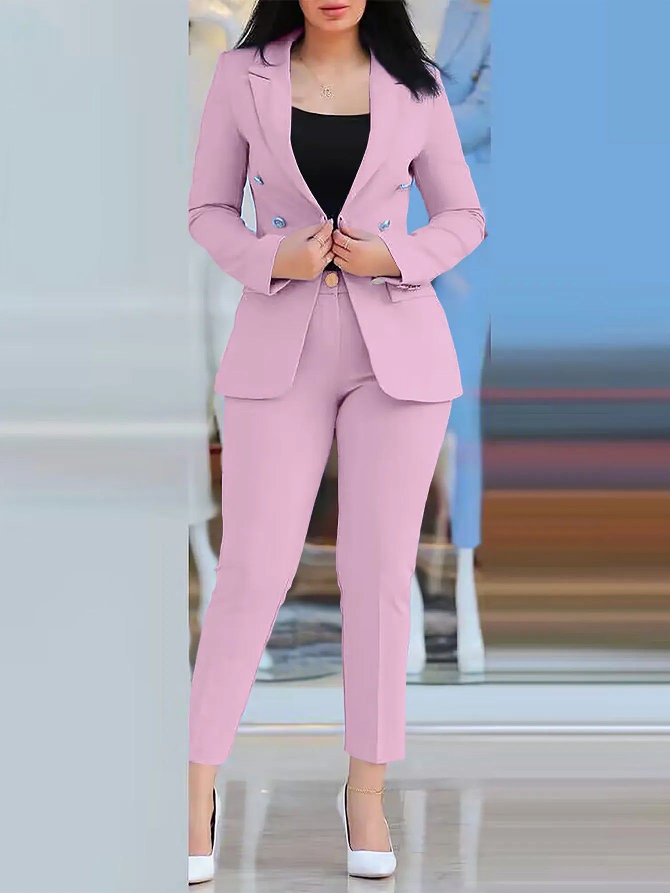 Office Lady Elegant Solid Two Piece Sets New Autumn Winter Women Fashion Lapel Long Sleeve Blazer & High Waist Work Pants Suit - Daisan Mart