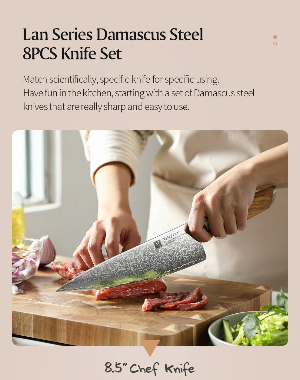 XINZUO 1-8pcs Kitchen Knife Set 73 Layers Custom Damascus Steel 15°±1 Per Side Steel Blade with Olive Wood Handle - Daisan Mart