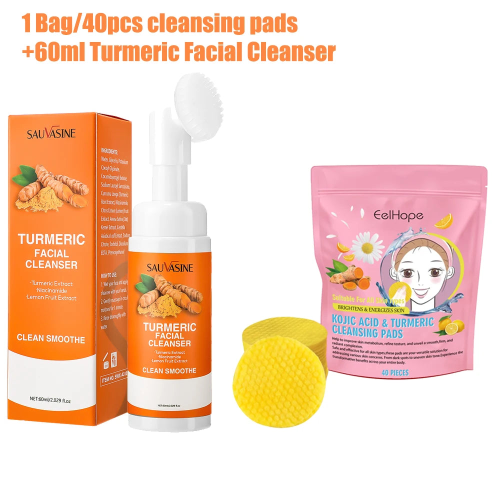 Turmeric Face Cleanser + Turmeric Kojic Acid Facial Exfoliating Cleansing Pads Reduce Dark Spots Skin Brightening Face Care Set