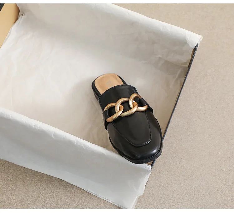 Women's Fashion Mules - Square Toe Black and White Chain