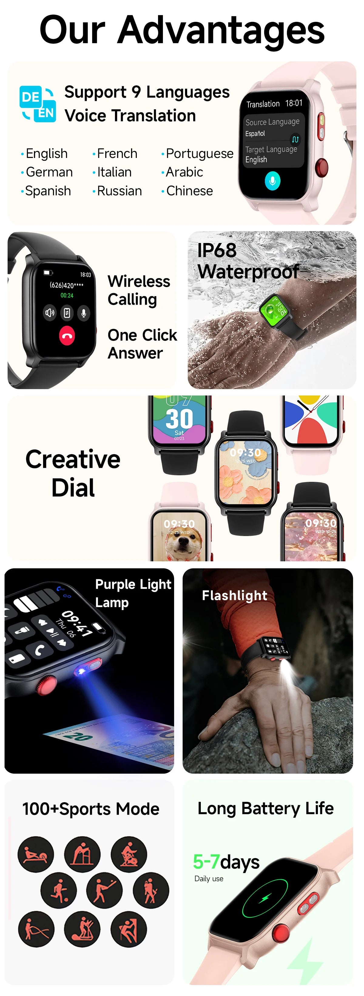 Đồng hồ thông minh AI dịch thuật đa năng IP68 100 môn thể thao