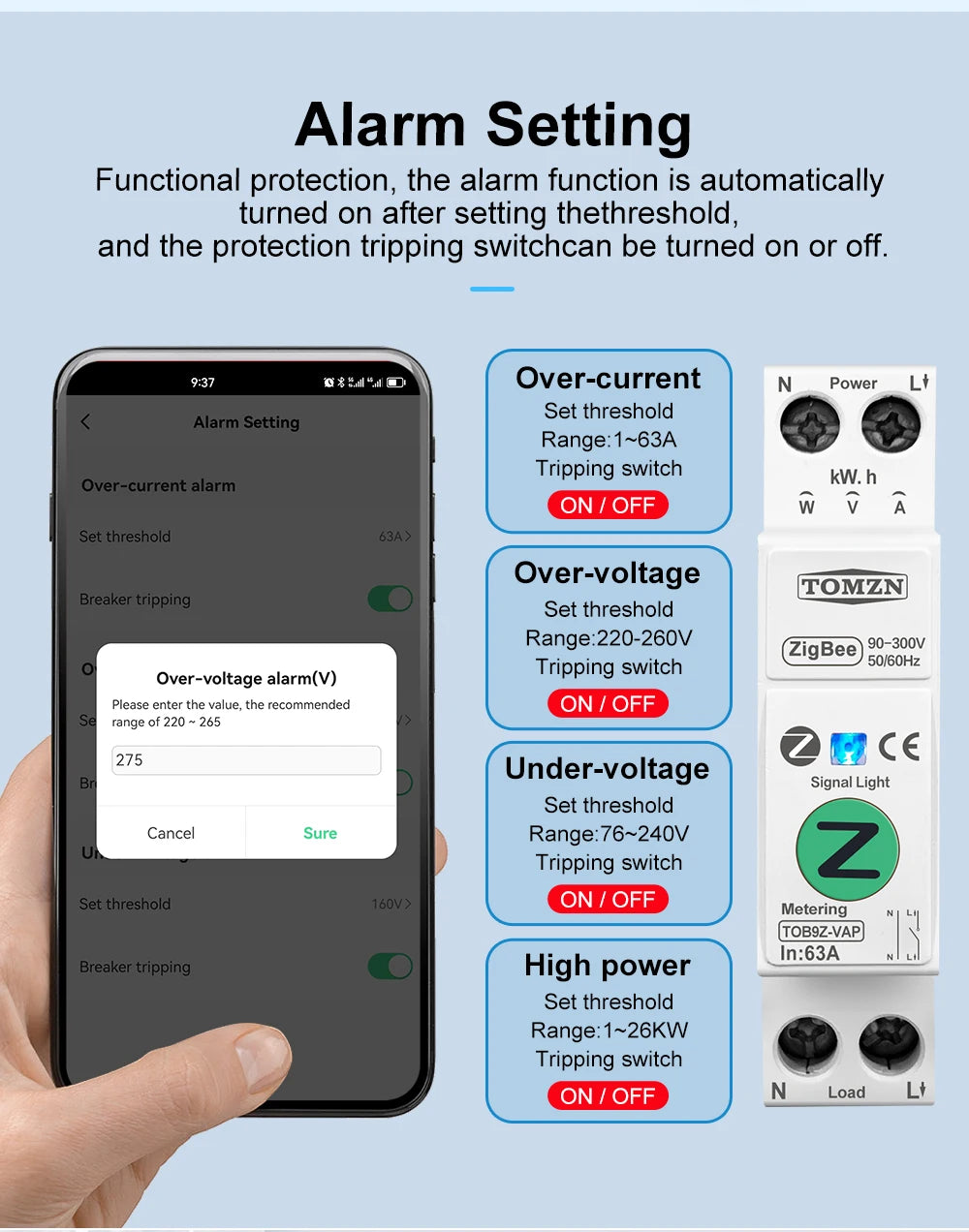 TOMZN Zigbee 63A Smart Switch Energy Meter kWh Metering Monitoring Circuit Breaker Timer Relay MCB TUYA smartlife protection