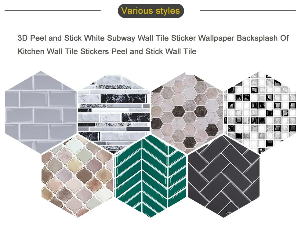 12"x12" Kitchen Backsplash Wall Tiles Peel and Stick Wall Stickers Wallpaper 3D Waterproof Self Adhesive Tile Mosaic Wallsticker