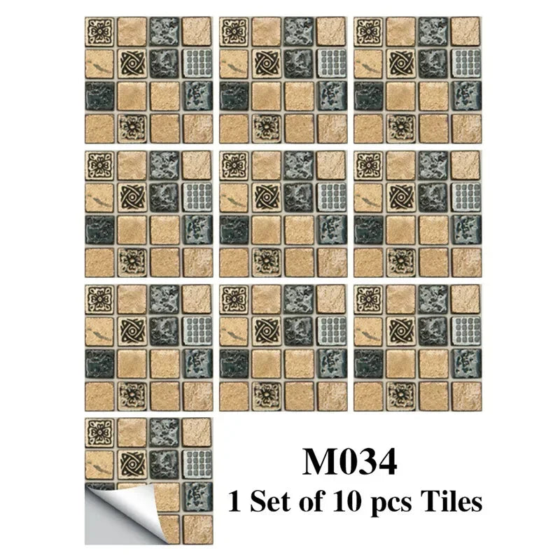 10pcs/set Marble Mosaic Tiles Wall Sticker Transfers Flat Covers for Kitchen Bathroom Stitching Stickers Self-adhesive Removable