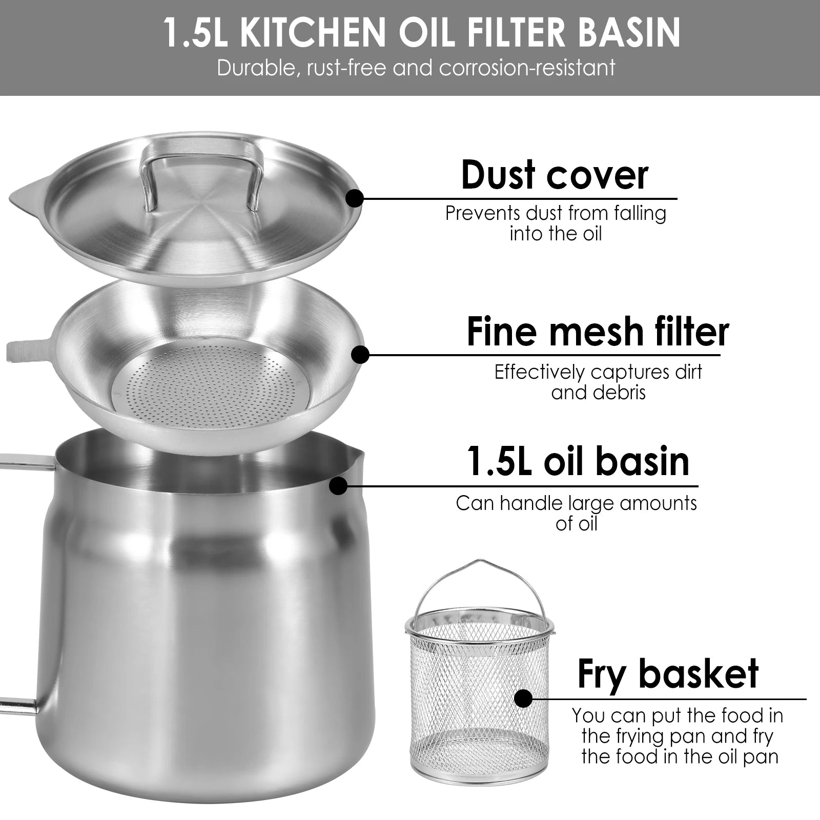 Oil Filter Pot 1.5L/2L Deep Fryer Pot with Basket Stainless Steel Deep Fryer Pasta Strainer Basket Chicken Fried Food Strainer