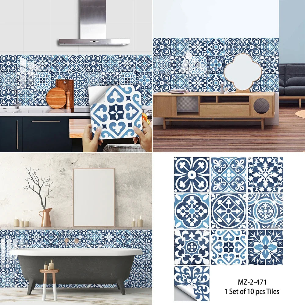 10pcs Mexican Style Tiles Sticker Kitchen Backsplash Oil-proof Cupboard Surface Gloss Peel &amp; Stick Waterproof Art Wall Decals