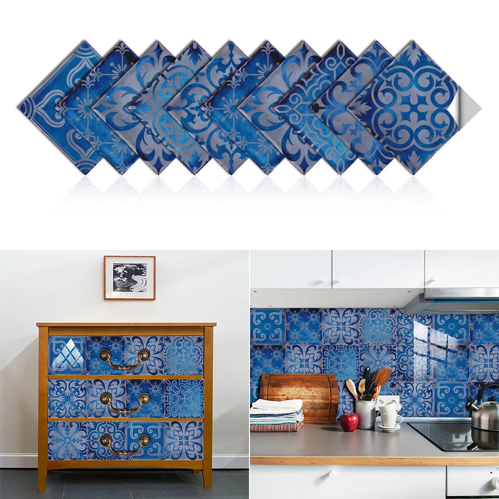 10pcs/set Dream Blue Tile Sticker Kitchen Backsplash Oil-proof Bathroom Waterproof Home Decor Wall Decals Peel &amp; Stick Art Mural