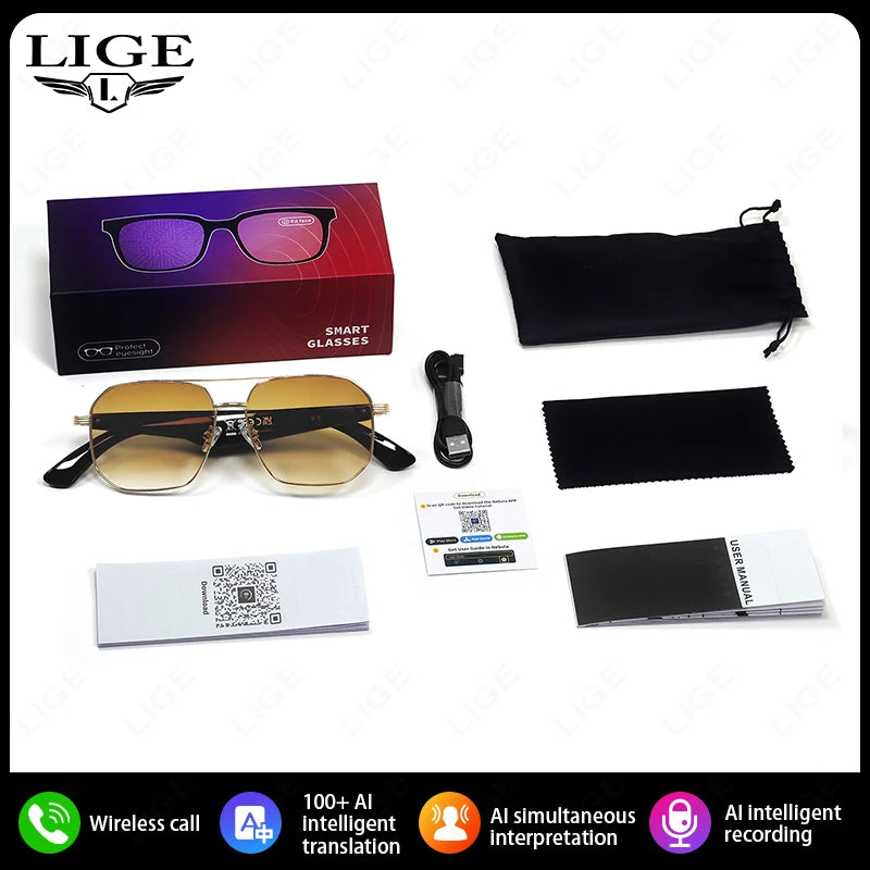 LIGE Ai Smart Bluetooth Glasses 100+Languages ​​Translation Real-time Q&amp;A BT5.4 Music UV Protection Smart Sunglasses for Men Women