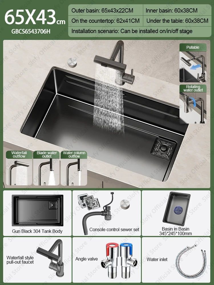 304 Stainless Steel Kitchen Sink Black Single Bowl Thickened Material Wear-Resistant Vegetable Workstation Drainage Accessories - Daisan Mart