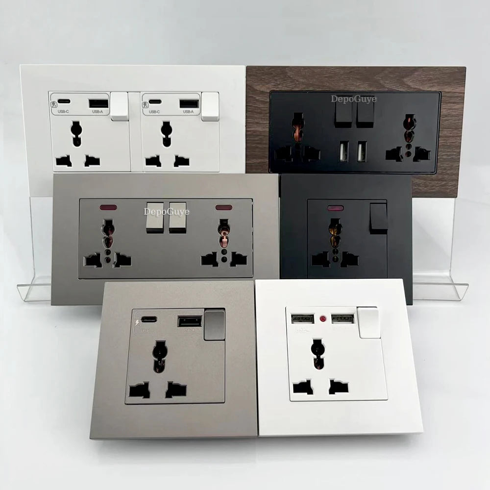 Universal 18W Type-C Plug Quick Charging Dual 3-pin Power Socket 220V,Wall electrical Socket with DC 5V 3.1A Type-c USB Charger