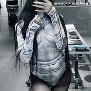 Goth Dark Techwear Printed Y2k Fashion Bodysuits Cyber ​​Gothic Punk Long Sleeve T-shirts Bodycon Women Grunge Streetwear Bodysuit
