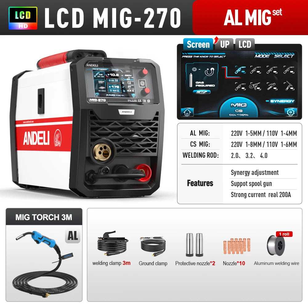 ANDELI 200A Semi-automatic Welding Machine MIG/LIFT TIG/MMA/Aluminum Welding/Spool Gun Inverter MIG Welder Gas Gasless Welding - Daisan Mart