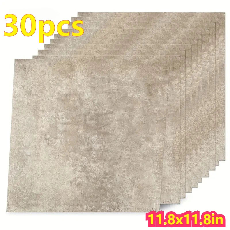 30 tấm lót sàn màu xám, kích thước 11.8x11.8 inch, xếp chồng lên nhau, chữ vàng, đỏ nổi bật.