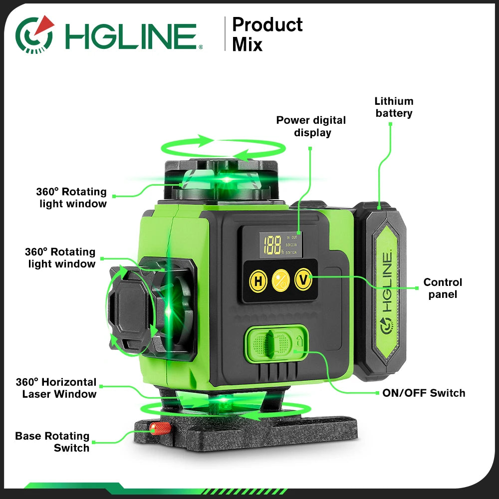 HGLINE 16 Lines 4D Laser Level APP Remote Control Rechargeable Self-leveling 360 Green Line leveling 6000mAh Big Li-ion Battery