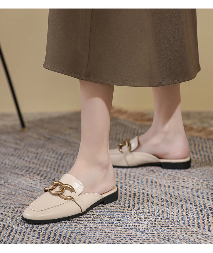 Women's Fashion Mules - Square Toe Black and White Chain