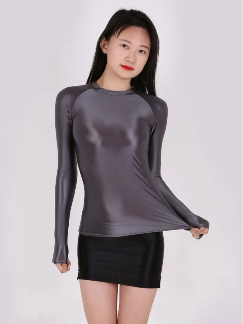 Sexy, fashionable, see-through, long-sleeved, slim-fitting body shirt