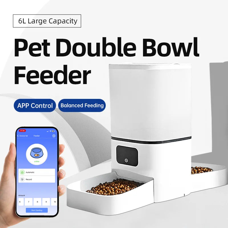 6L WIFI cat automatic feeder, double meal pet feeder, cat food dispenser that can feed 2 pets at the same time, dog feeder