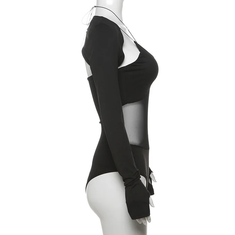 Goth Dark Cyber ​​Y2K Techwear Mall Gothic Hollow Out Straps Skinny Bodysuits With Long Sleeve Crop Shrug Tops Women 2 Piece Sets