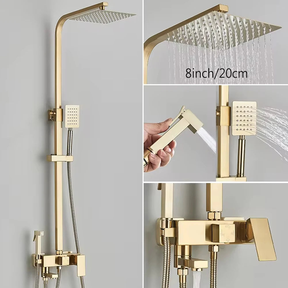 Chrome Brass Shower Faucet Set Rainfall Bathtub Tap With Bathroom Shelf 4 Function Height Adjust Shower Mixer Crane Fast Delivey